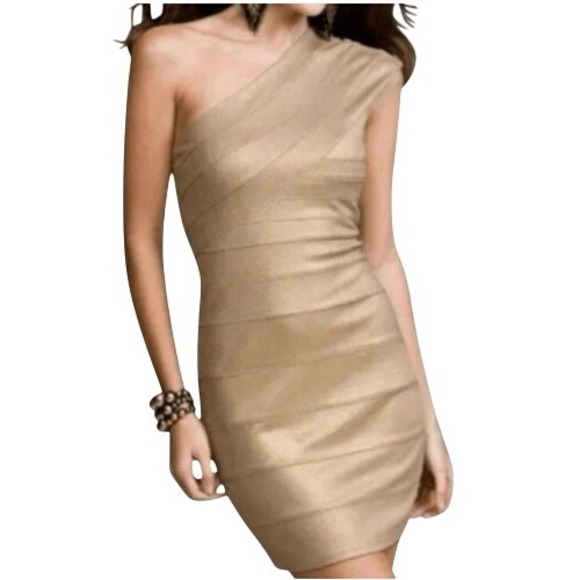 EXPRESS Shimmery Gold One Shoulder Bandage Mini Dress‎ NWT $89 Size XS - Picture 1 of 9